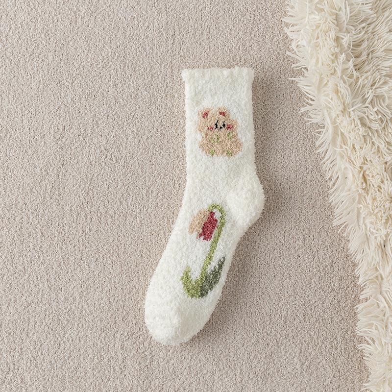 Female Autumn and Winter Thickened Lovely Tender Flowers Do Not Drop Hair Sleep Floor Socks