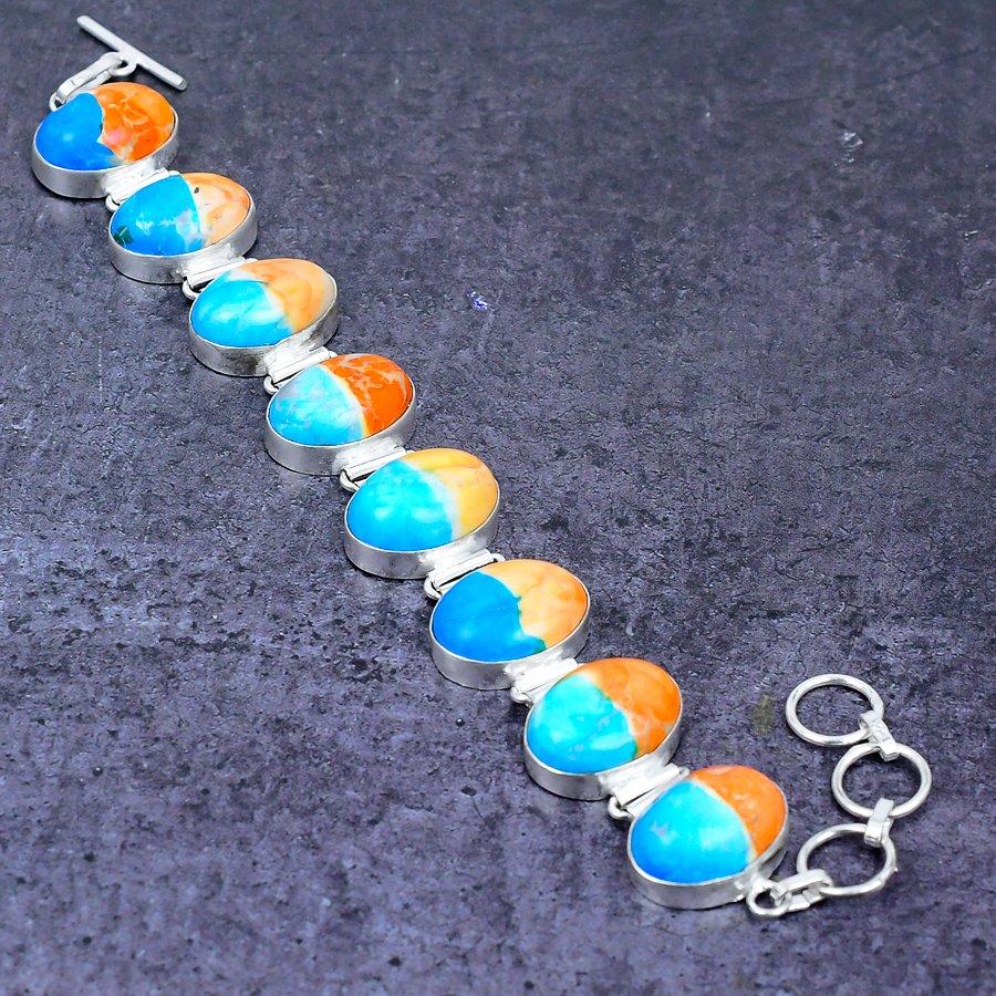 Natural Spiny Oyster Gemstone Handmade 925 Sterling Silver Bracelet 7-8" ETC-14464
