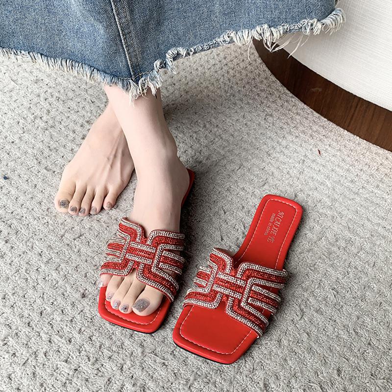 

Women Rhinestone Slippers Fashion Non-Slip Beach Shoes Summer Outdoor Slippers Comfortable Flat Square Heel Sandals Slides Women 35 червоний