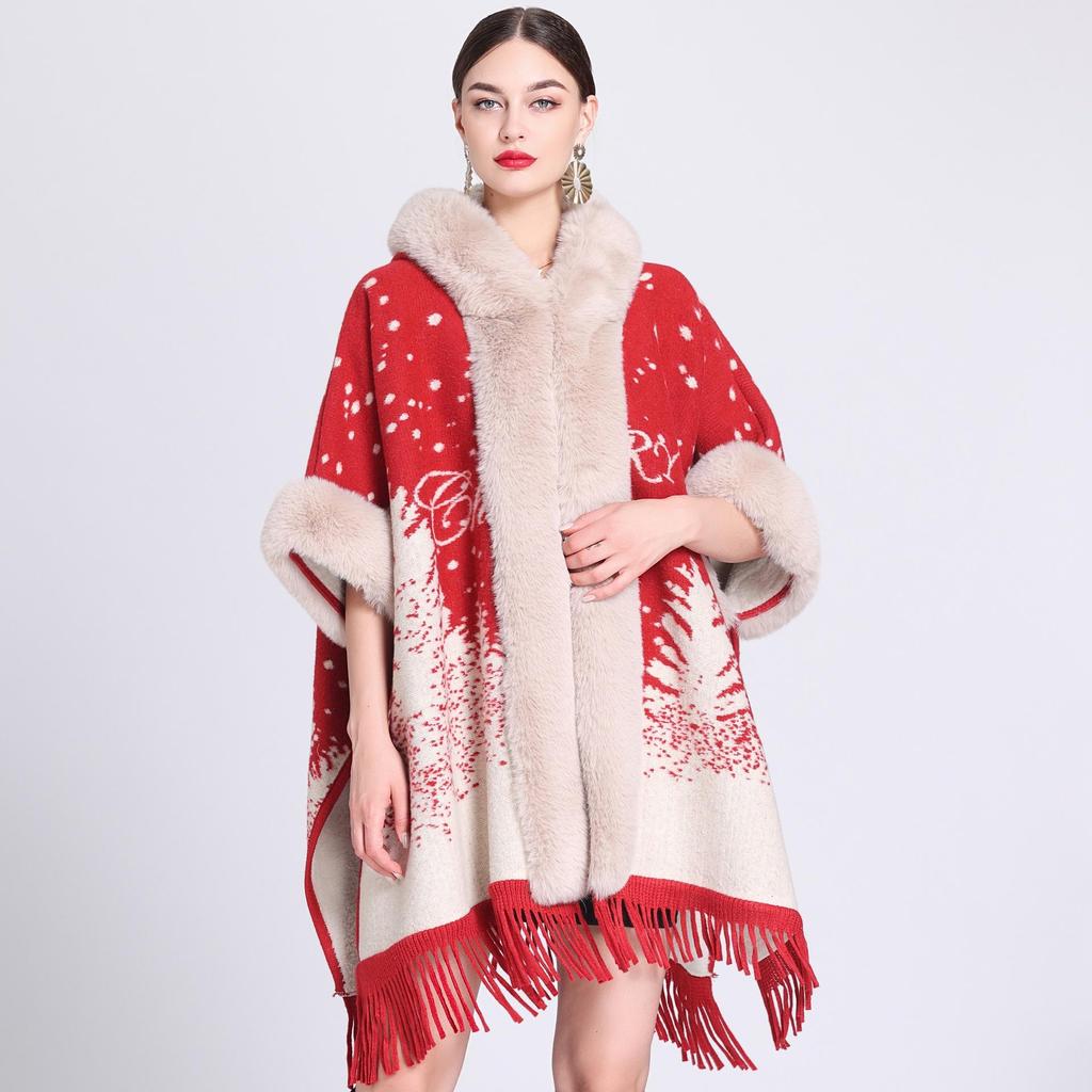 869# Women's Plaid Fleece-Lined Knitted Shawl Cape with Thick Fur Collar