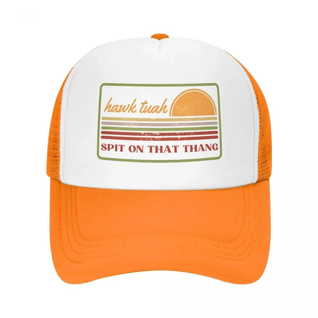 Unisex WoUnisex Hawk Tuah Sunset Orange Trucker Caps HipHop Mesh Baseball Caps Funny Dad Hat Sun Hats Adjustable Trucker Cap Spring