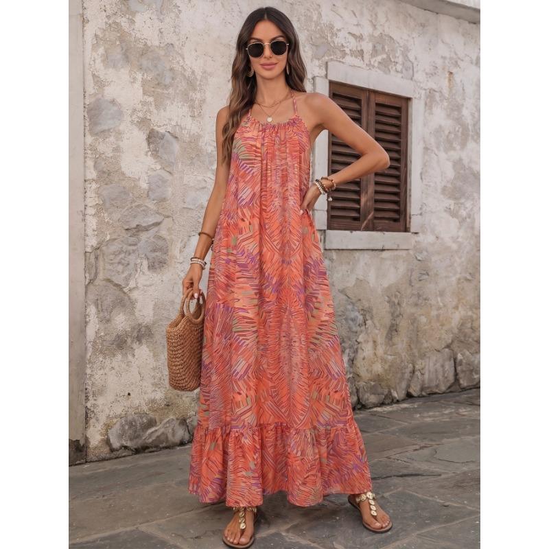 Bohemian Vacation Style Loose Abstract Print Halter Backless Long Dress For Women