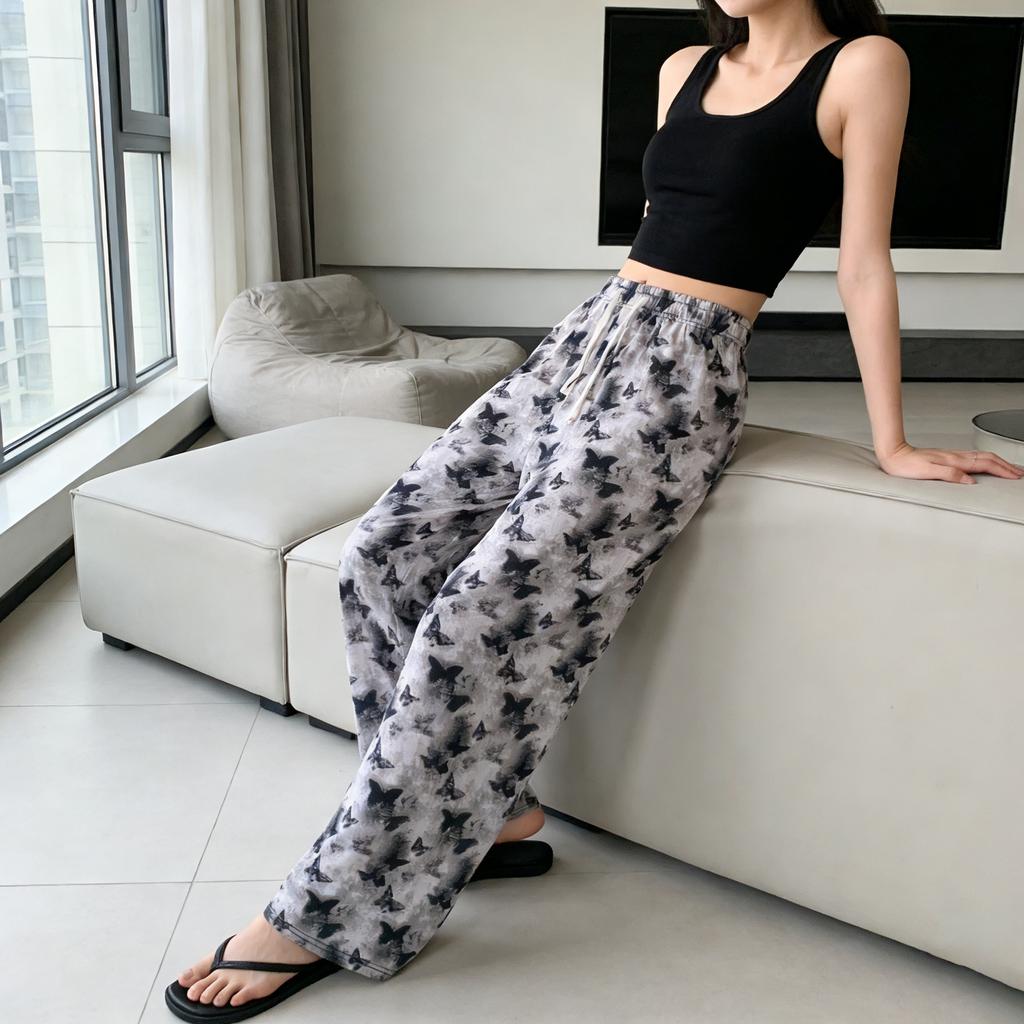 Ice silk wide-leg pants women's summer thin new Chinese ink cool pants high-waisted casual pants trousers women's clothing