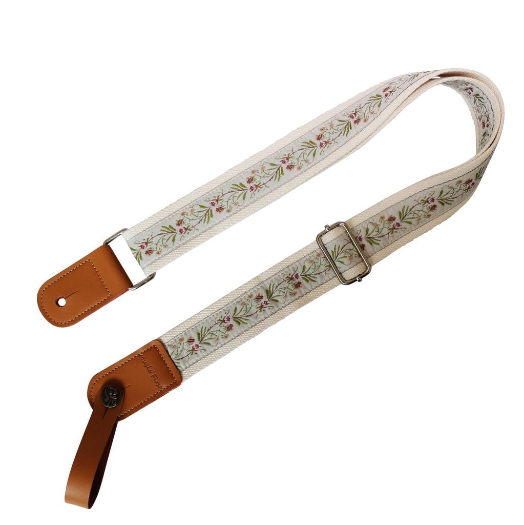 [MUSIC FIRST] Original Design Vintage Floral Embroidered Genuine Leather Ukulele Strap, Ukulele Shoulder Strap with Genuine Leather Strap Locker