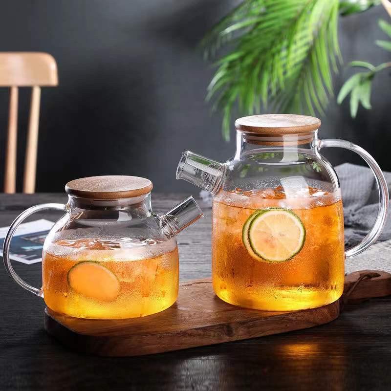 1/1.8L Transparent Glass Teapot with Bamboo Lid Heat-Resistant Glass Pitcher Thickened Glass Flower Tea pot Puer Kettle Office