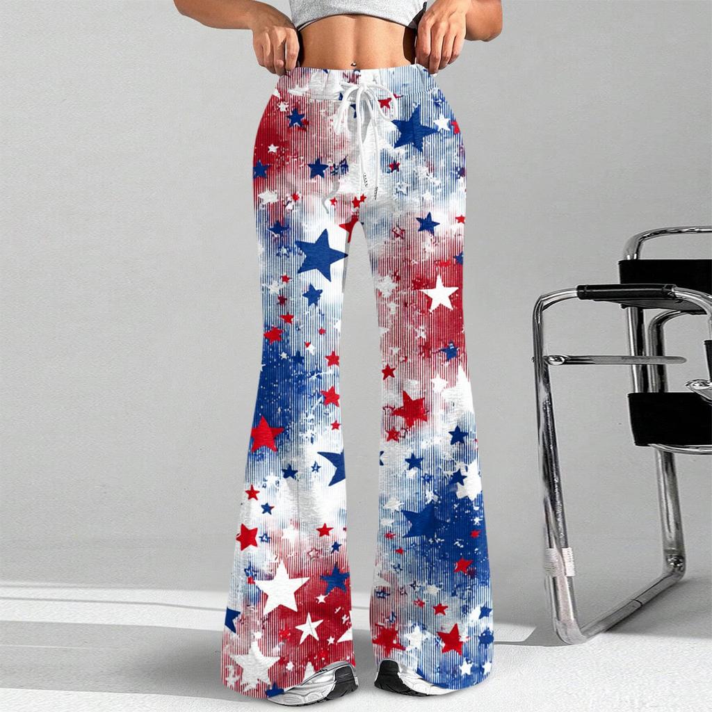 Women's Fashion Loose Drawstring Tight Waist Independence Day Printed Casual Sports Pants Casual Flared Pants