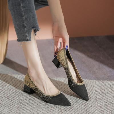 Fashion Women's Thick Heel Pointed Toe Shallow Single Shoes Spring and Autumn Gradient Color Knitted Breathable Slip On High Heel Shoes