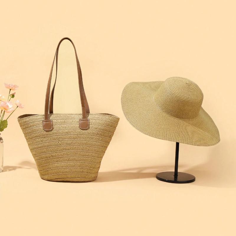 1 Conjunto Chapéu de Sol Estilo Boêmio Feminino + 1 Bolsa de Ombro, Estilo Férias, Chapéu de Palha de Ombro Bolsa Tote de Praia para Viagem de Verão Férias