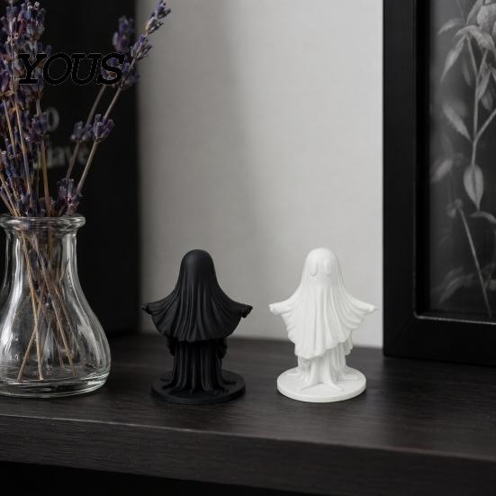 Matte Black Ghost Statue 3D Printed Cute Figurine, Minimalist Home Decor, & White Unique Artistic Design Dual Colors, Stable Base for