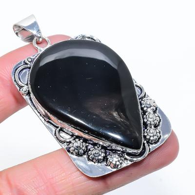 Natural Sunsheen Obsidian Gemstone 925 Sterling Silver Pendant 2.48" M3o70