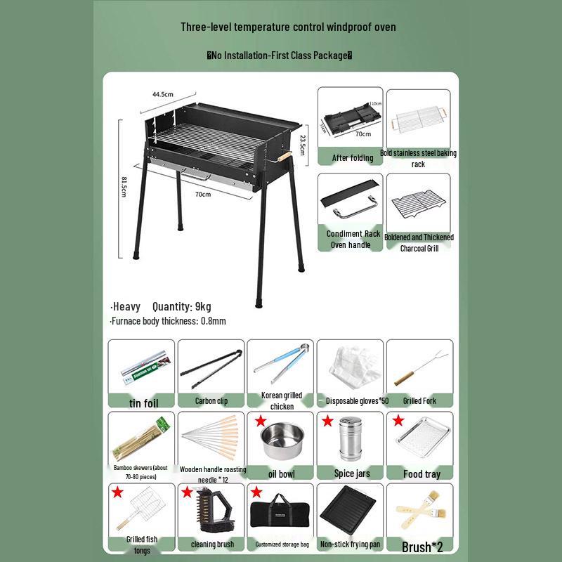 Stainless Steel Folding Portable Charcoal BBQ Grill and Utensils