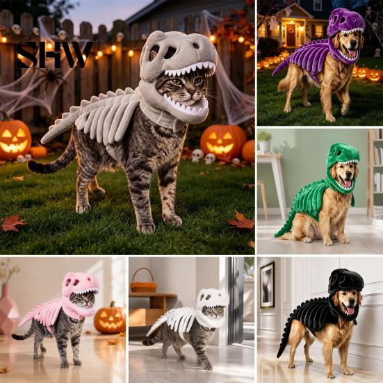 Costume Scheletro Dinosauro Tridimensionale per Animali Domestici, Abbigliamento 3D Luminescente al Buio, Cappello Morbido Peluche di Dinosauro per Cani Gatti di Halloween, Cosplay Festività