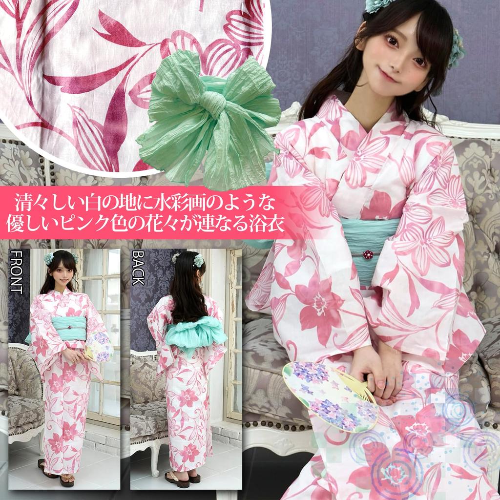 RAVIR Yukata Oppfriskende hvit bakgrunn med akvarell og myk rosa blomstermønster Inkluderer et fluffy obi-belte og en 3-delt sett for kvinner i én størrelse