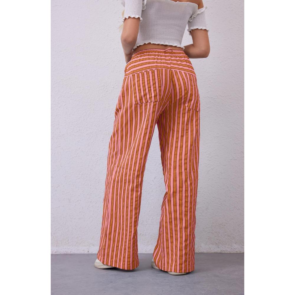 Women’s Drawstring Striped Wide-Leg Casual Trousers – Low-Waisted, Loose-Fitting Trousers