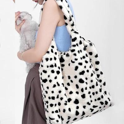 Large Capacity Handbag Women's Plush Shoulder Bags Cow Pattern Designer Shopper Tote Bags Girls Ladies Bookbag Purse
