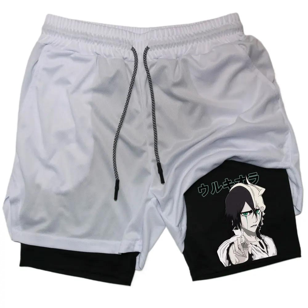 

Double Training Shorts Anime Baki 2-in-1 Gym Performance Short Mens Athletic Compression Shorts Stretch Workout Fitness Running XL білий