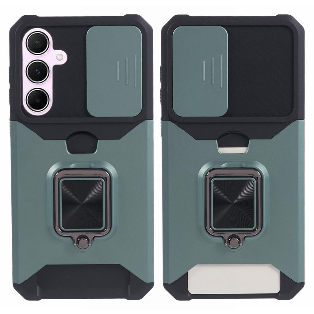 For Samsung Galaxy A55 5G Case PC+TPU Card Holder Phone Kickstand Cover with Slide Lens Lid