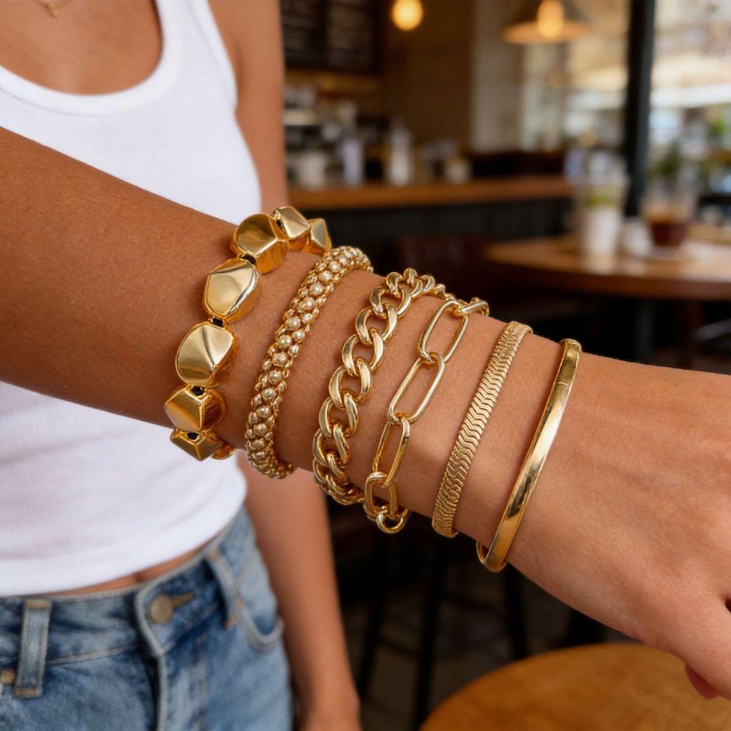 Alloy Chain Bracelet Set For Women With Geometric Design And Multilayer Style