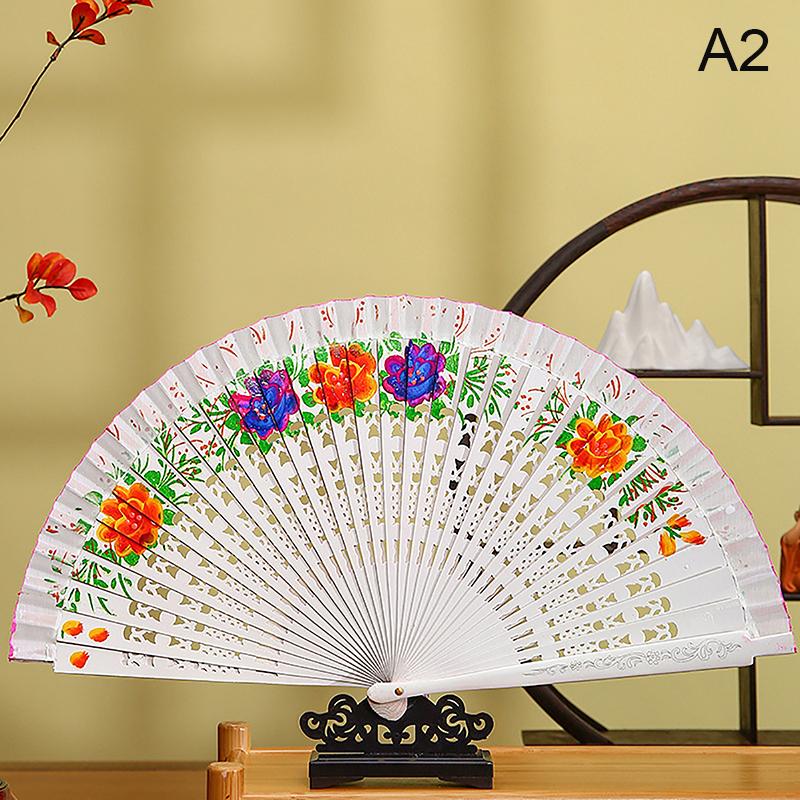 1Pc Chinese Style Double-Sided Folding Fan Hollow Double-sided Craft Gift Dancing Printing Wood Spanish Hand Fan Party Supplies