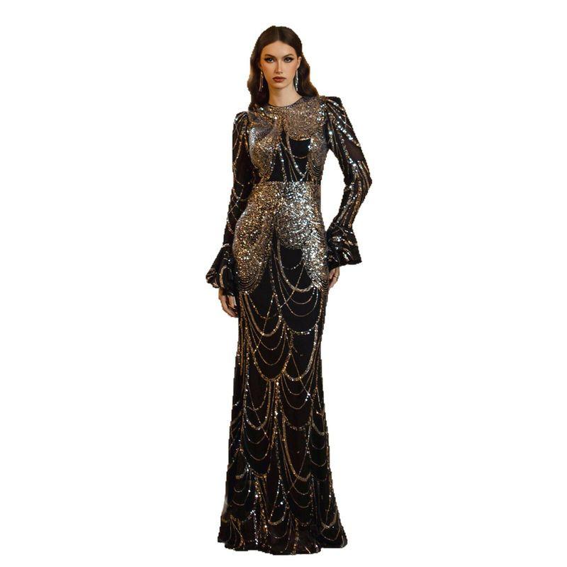 New European and American Style Long-Sleeve Round-Neck Slim-Fit Sequin Mermaid Evening Dress