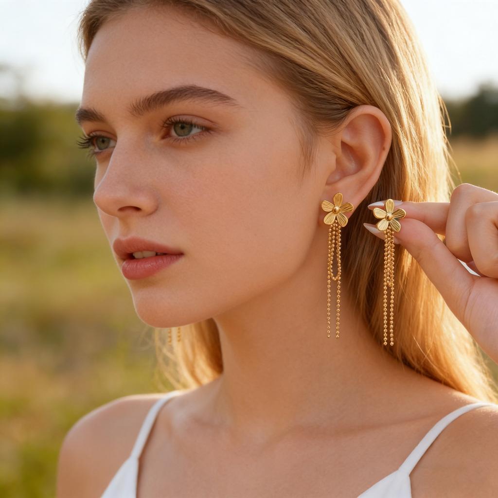 Exquisite Stainless Steel Flower Long Tassel Drop Earrings for Women Gold Plated Trendy Hypoallergenic Piercing Jewelry Gifts
