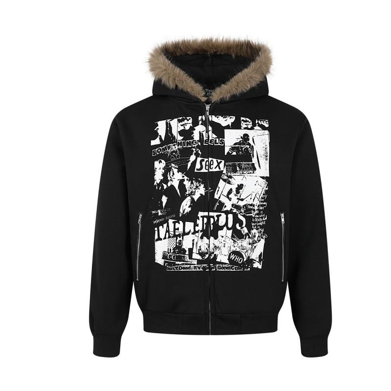 Magic Bear American Retro Street Rock Fleece Hooded Zip Sweatshirt Casual Jacket Teens