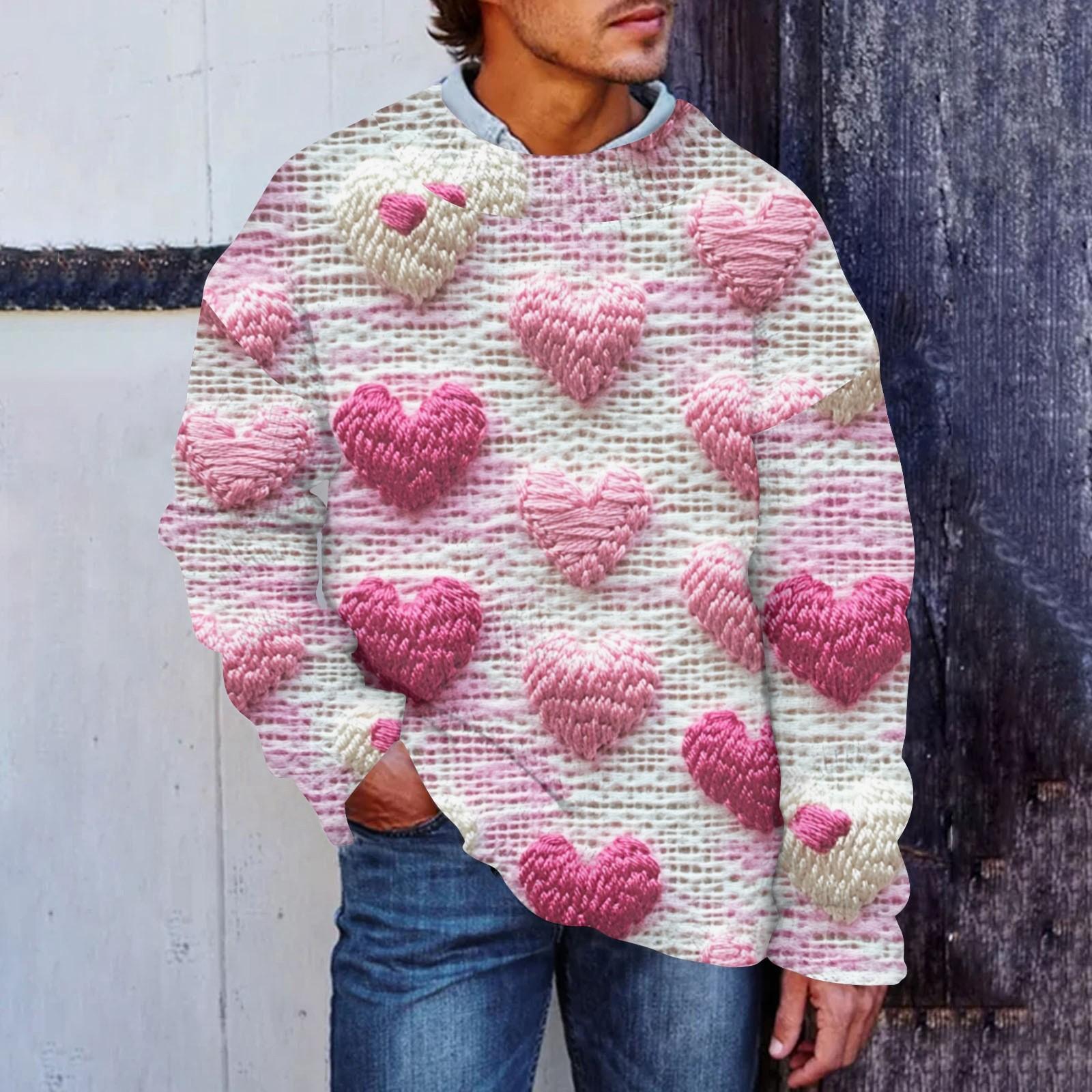 

Мужская мода Повседневная кофта с длинными рукавами на День святого Валентина Нежный принтованный свитер с круглым вырезом из шерсти и имитацией цветка Толстовка с капюшоном с круглым вырезом Свободные длинные рукава L розовый