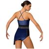 Womens Figure Skating Sling Bodysuit Sparkle Rhinestone Ruched Irregular Mesh Overlay Color Block Leotard