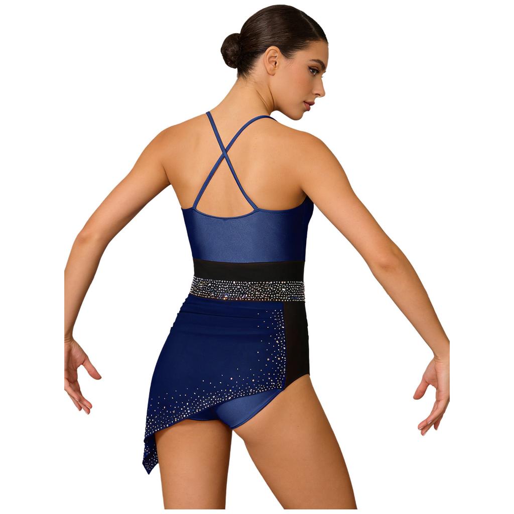 Womens Figure Skating Sling Bodysuit Sparkle Rhinestone Ruched Irregular Mesh Overlay Color Block Leotard