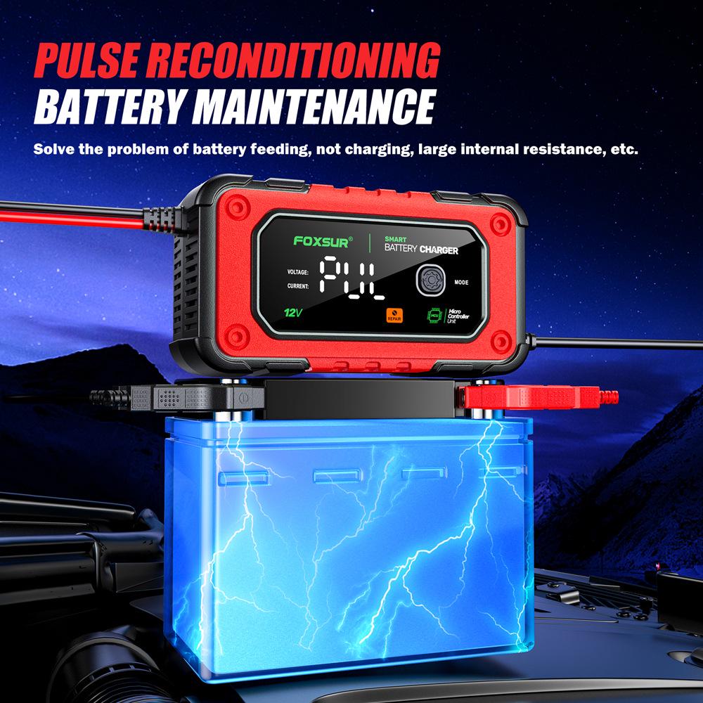 FOXSUR 12V 7A Charger for Lead-Acid & Lithium Iron Phosphate Batteries with Large Color Screen