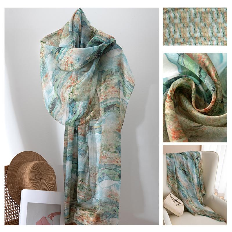 Long Strips of Silk Scarf  High-end Sense Mulberry Silk Scarf  Women's Fresh Small Floral Thin Style  Atmosphere  Big Shawl