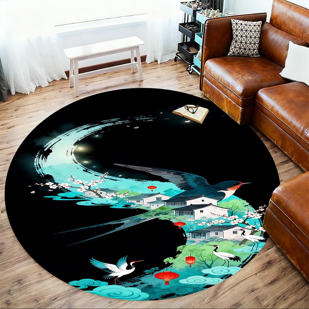 1pc Chinese Style Birds Round Chair mat office Area Rug - Non-Slip, Floor Mat for Office, Bedroom, and Indoor Decor p127047
