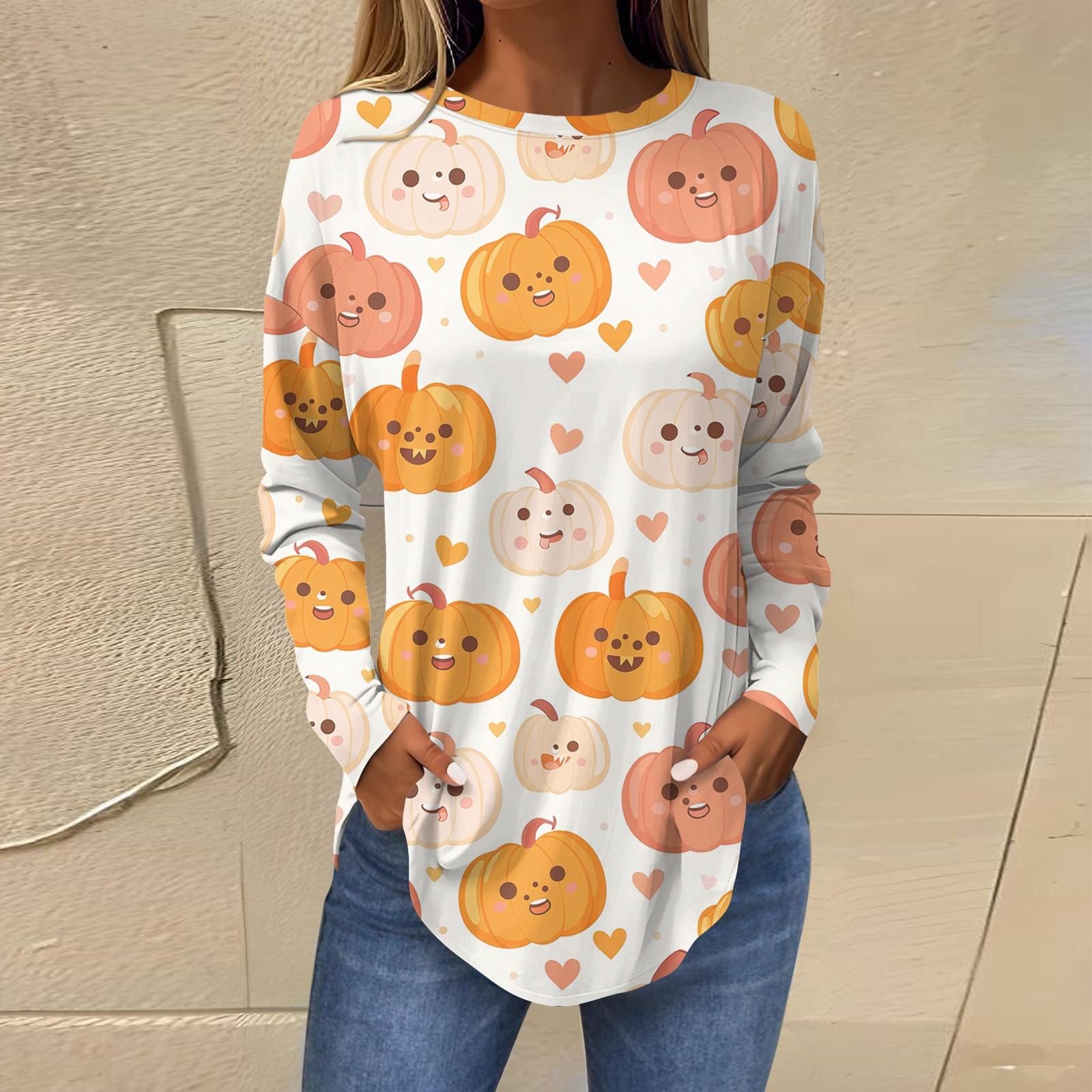 Женская свободная футболка с длинным рукавом с круглым вырезом и принтом — фото 12