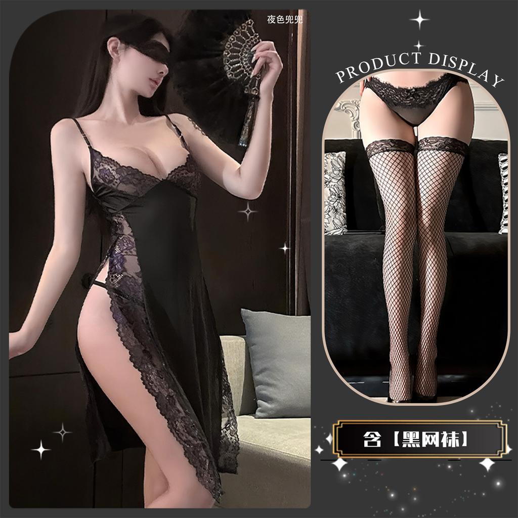 Sexy Underwear, Sexy Suspenders, Printed Slim-fitting Seduction Dress, Lace Leakage, Split Fork, Pure Desire Cheongsam