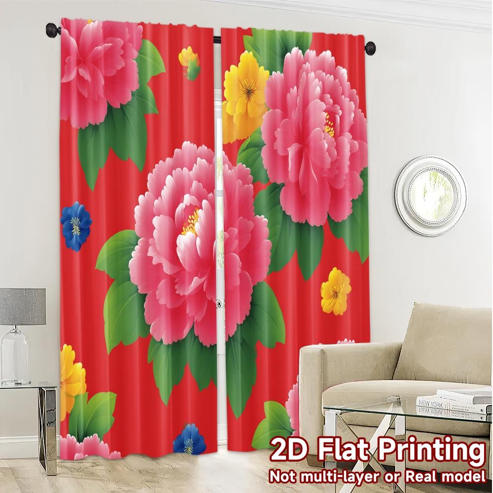 2D FLAT PRINTING 2pcs Curtains (Without Rod) Floral Red Celebration Design Modern Fashionable Curtainments During the April