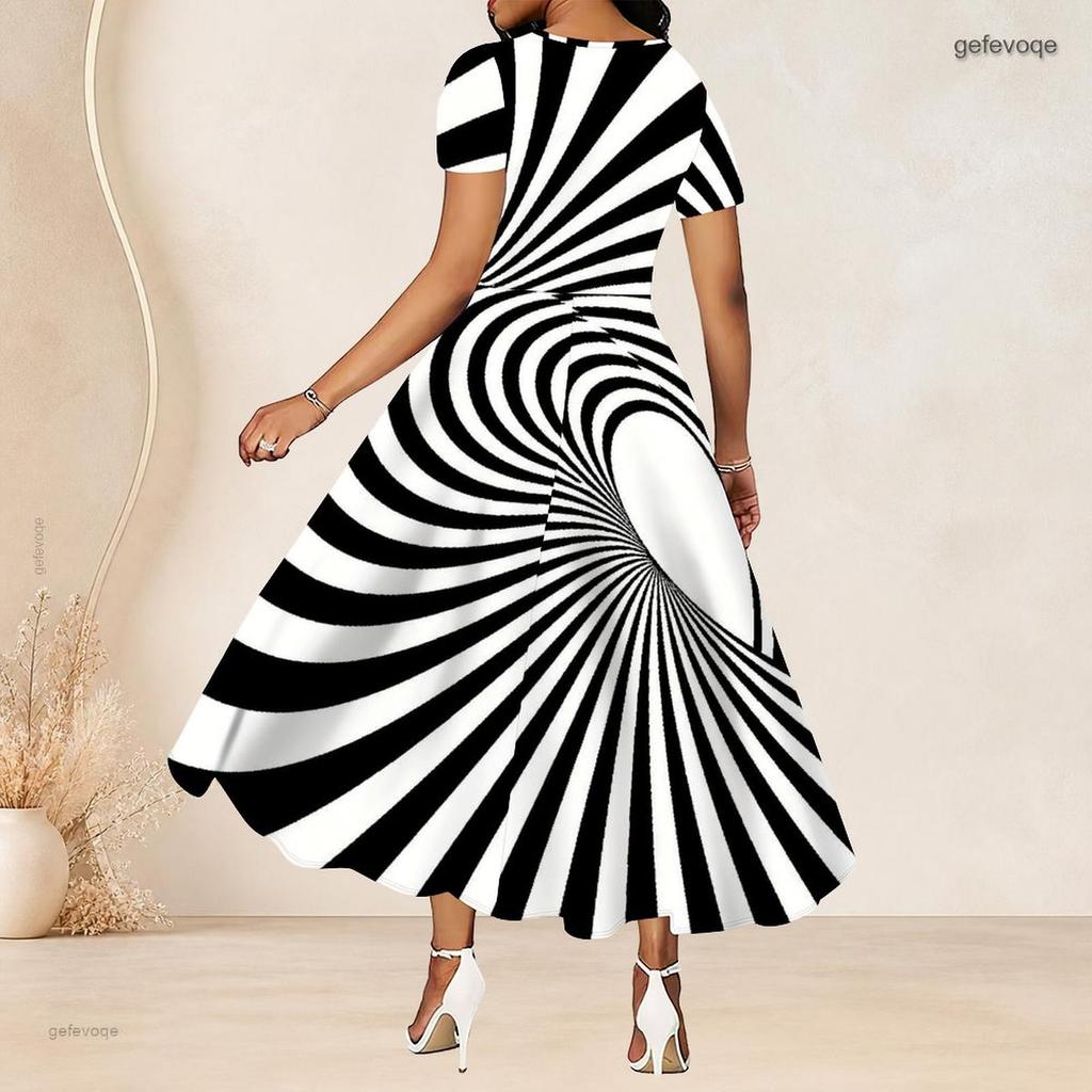 Women Plus Size Round Neck Short Sleeve Black White Striped Printed Gathered Waist A Line Long Dress
