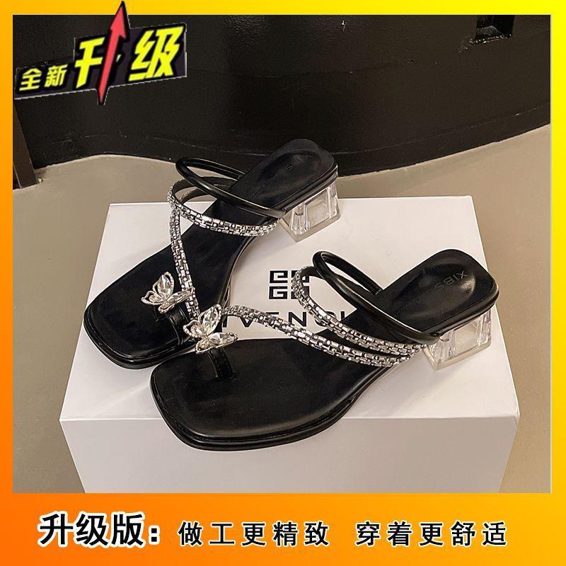 Fairy with skirt, medium heel sandals, cool slippers 2025 summer new set of toe rhinestones, not tired of thick heels for women