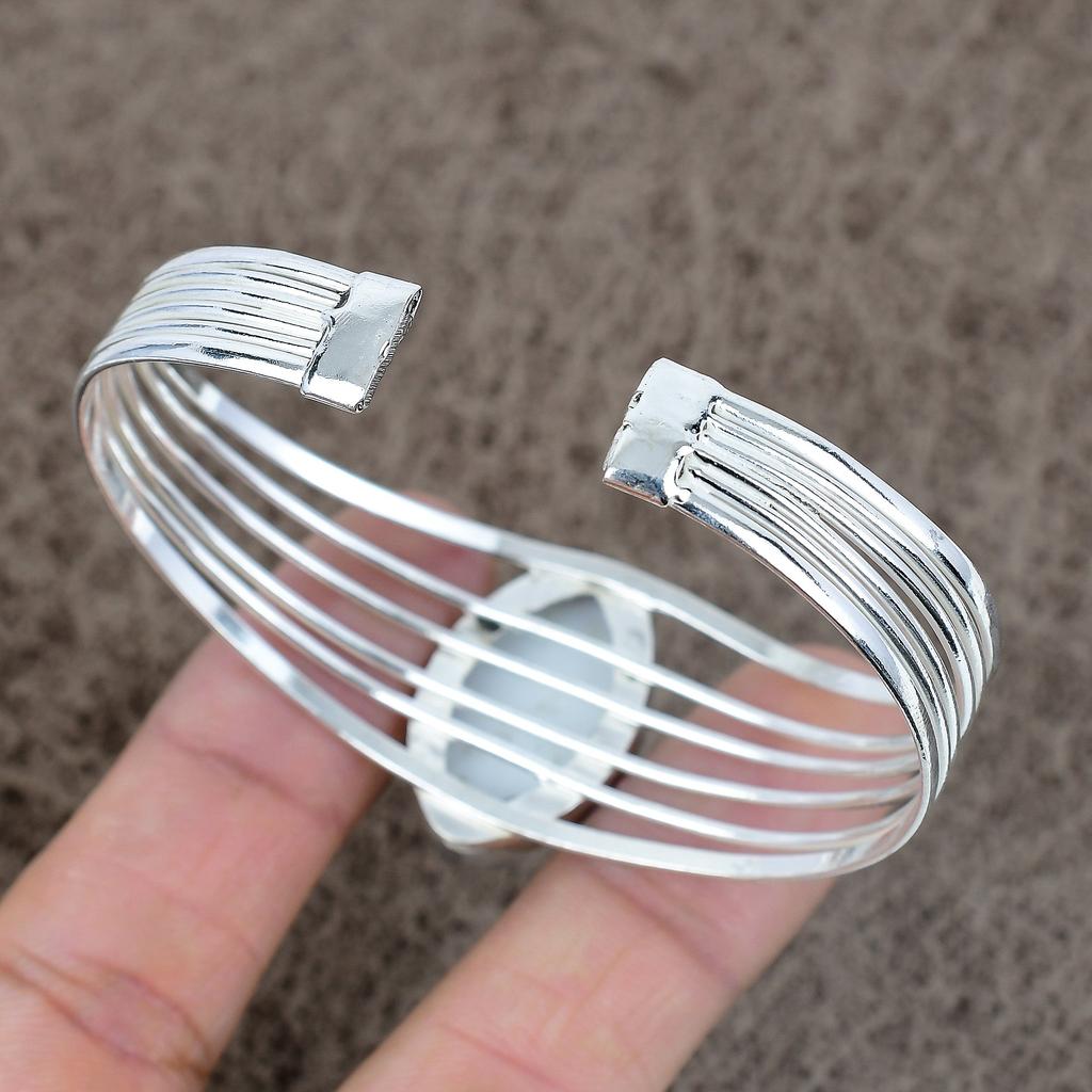White Evil Eye Gemstone Handmade 925 Sterling Silver Cuff Bangle Adjustable KKG-219