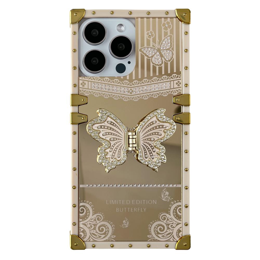 

For iPhone 16 Pro Case Electroplated TPU+PC Phone Cover with Butterfly Kickstand White