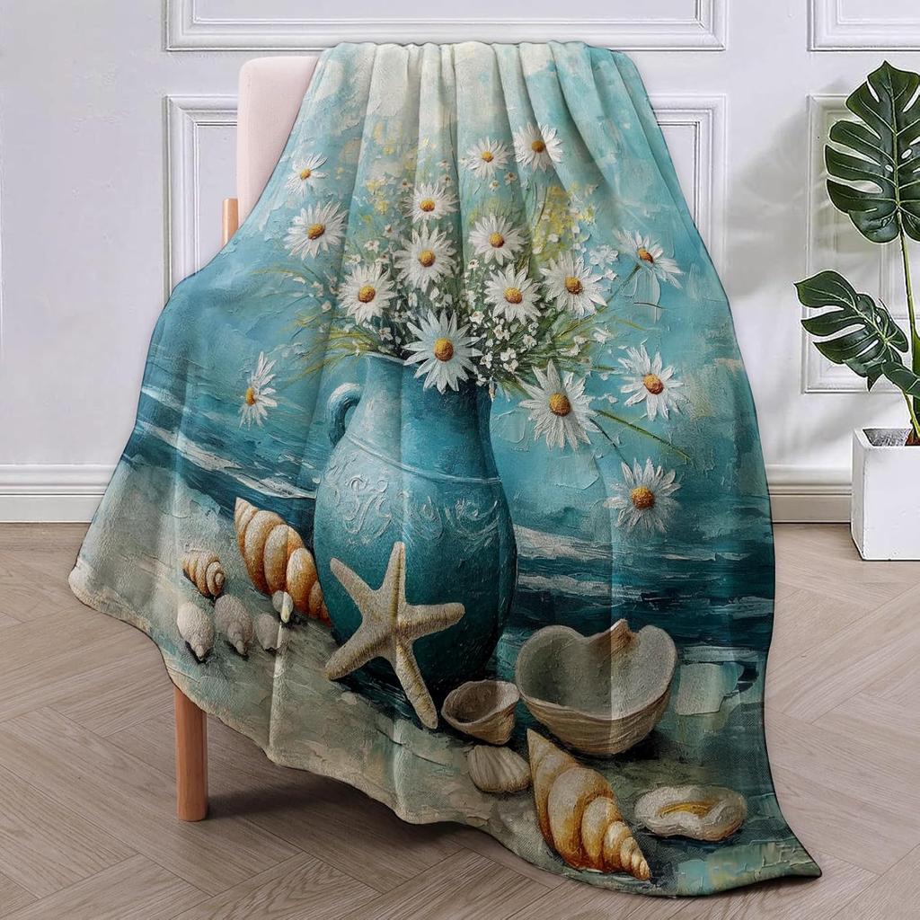 Floral Daisy Blanket Gifts for Women Girls Soft Warm Lightweight Cozy Plush Artwork Blue Beach Indian Vase Throw Blankets for Be