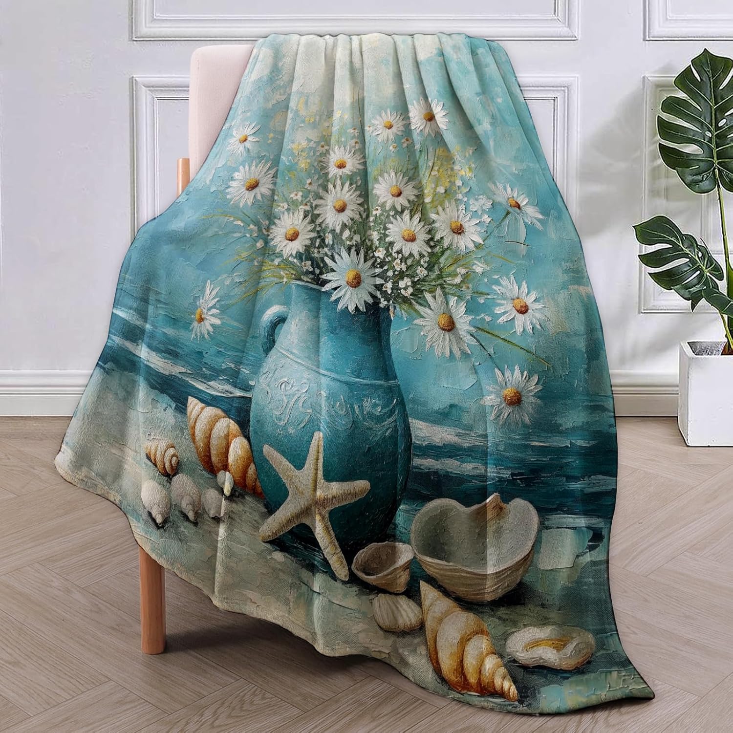 

Floral Daisy Blanket Gifts for Women Girls Soft Warm Lightweight Cozy Plush Artwork Blue Beach Indian Vase Throw Blankets for Be 75x90cm