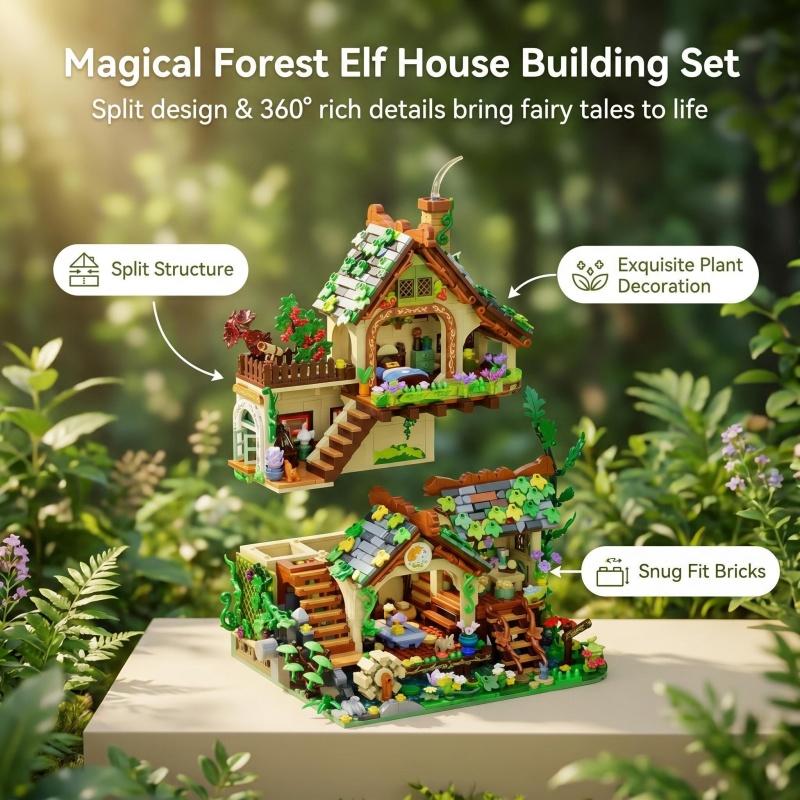Ensemble de construction de cabane d'elfe de la forêt, modèle de maison forestière modulaire avec roue à aubes et décorations florales, kit de briques créatif STEM pour la maison D