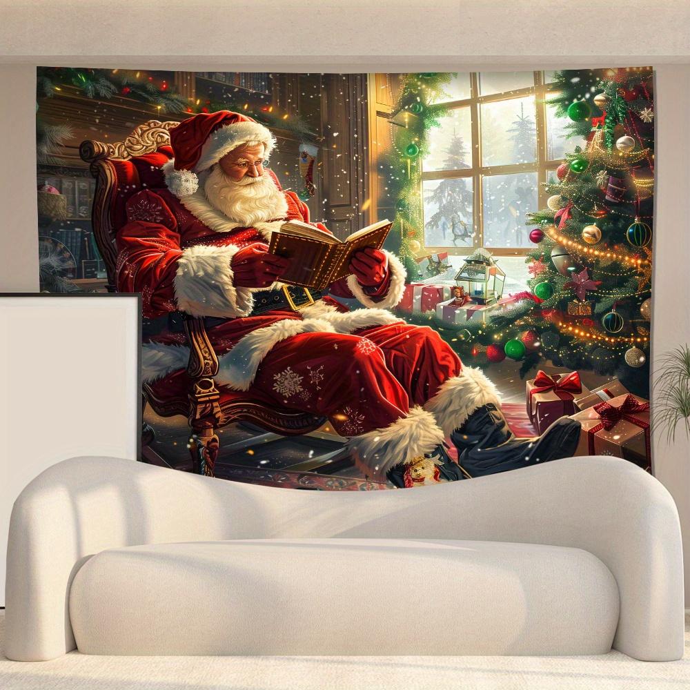 Santa Claus Reading Book Tapestry   Cozy Christmas Living Room Bedroom Decor   Holiday Wall Hanging for Xmas Party