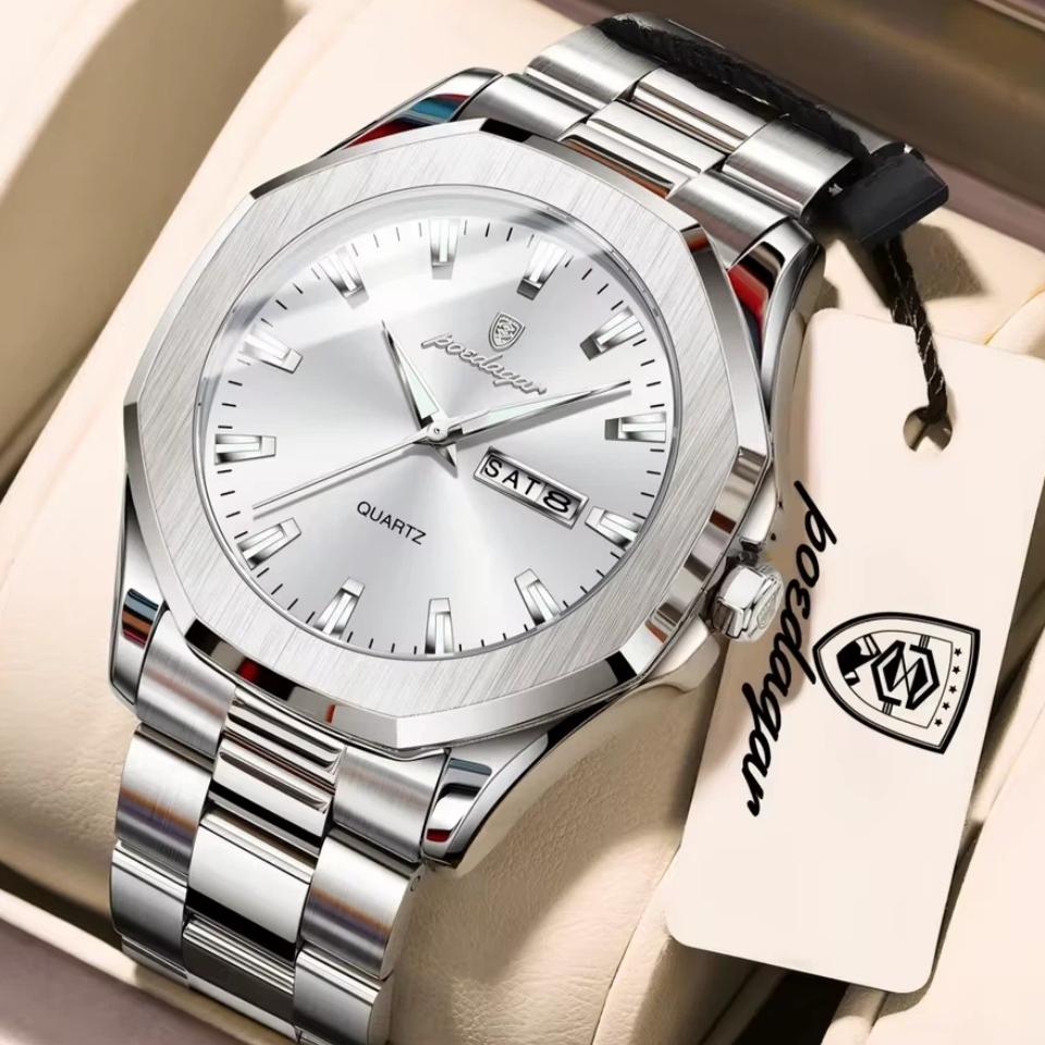 POEDAGAR Luxury Men Wristwatch Waterproof Luminous Week Date Casual Clock Stainless Steel Quartz Fashion Watches Reloj