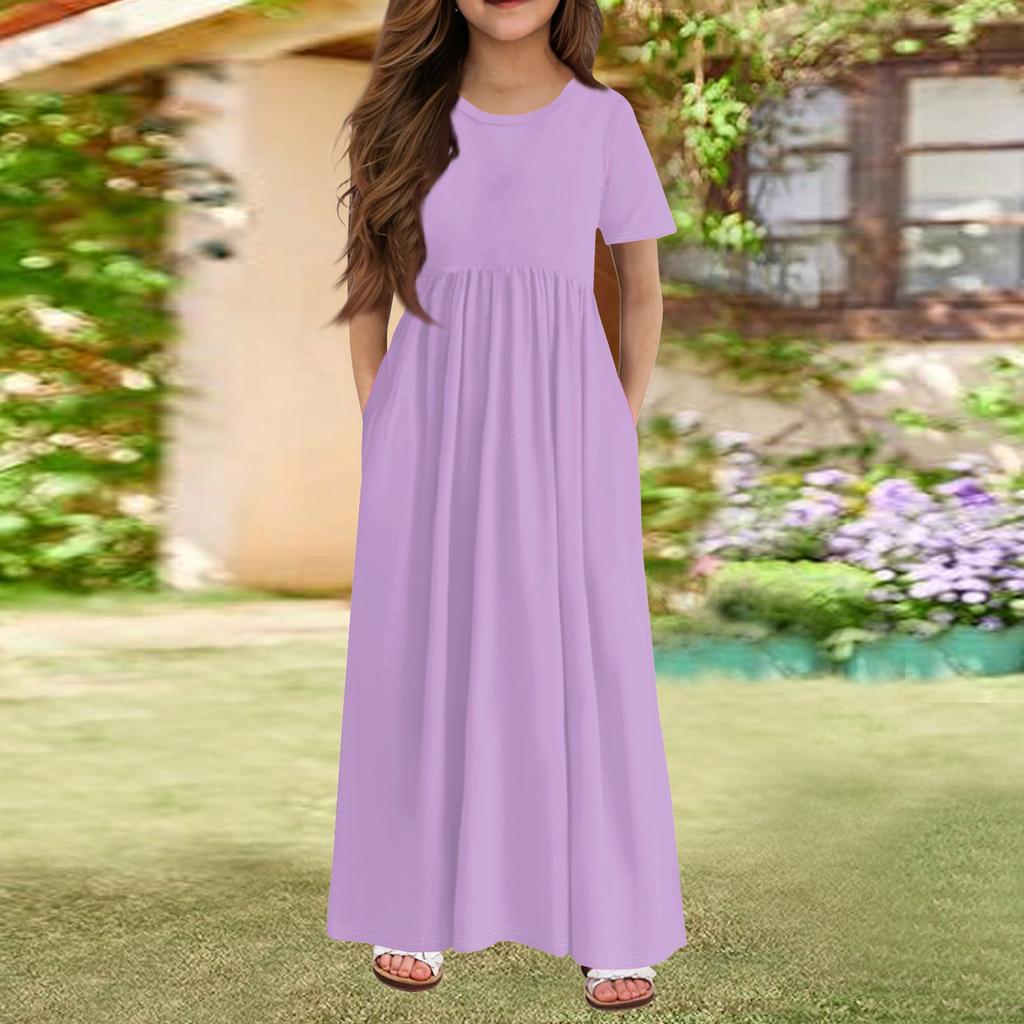 Girls' Long Summer Dress - Short Sleeve Pocket Maxi Dress For 4-14Y