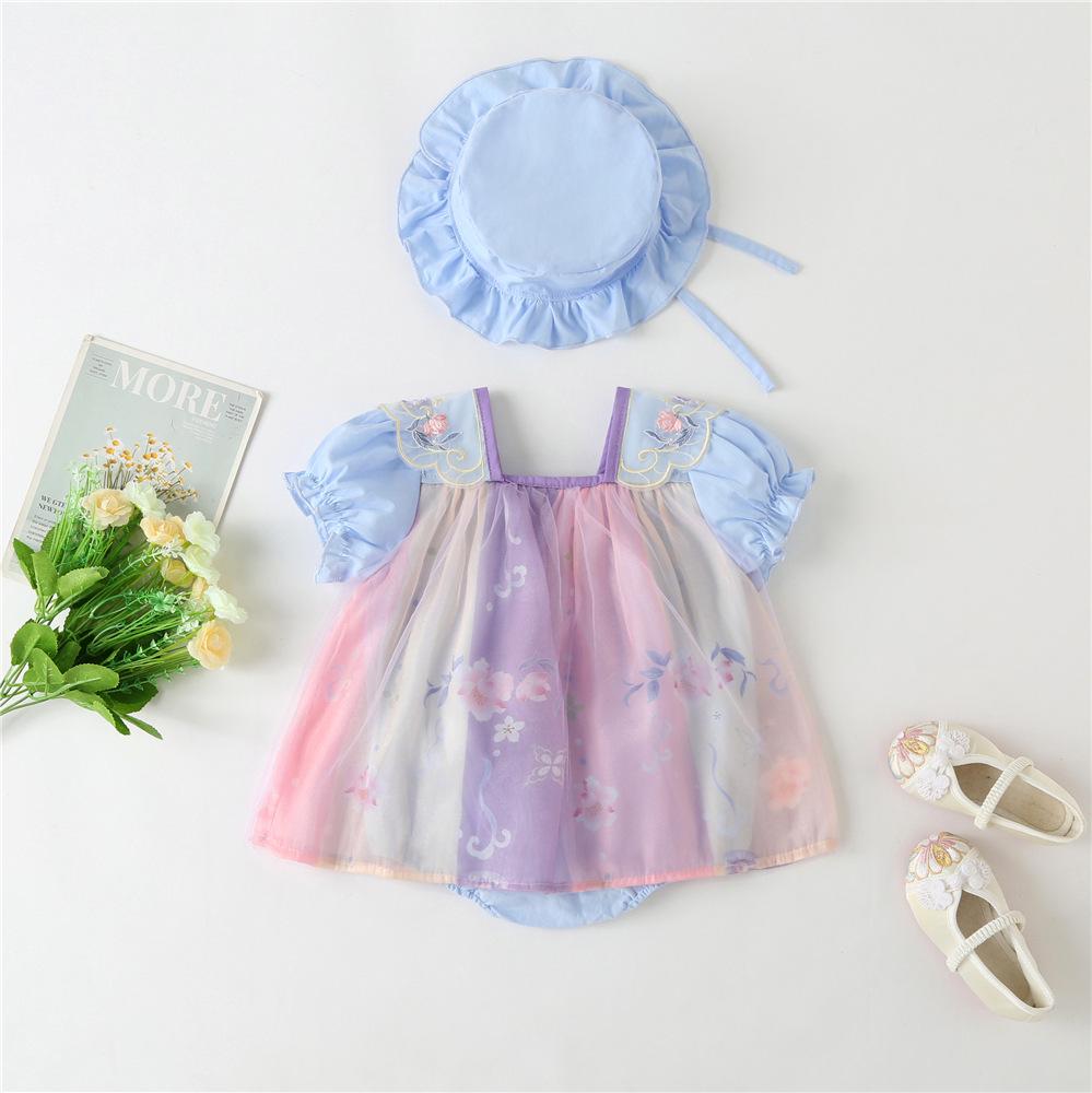Baby Girl Hanfu Romper: Summer Onesie Thin Style Dress with Snap Crotch - Ancient Tang Princess Outfit for Crawling