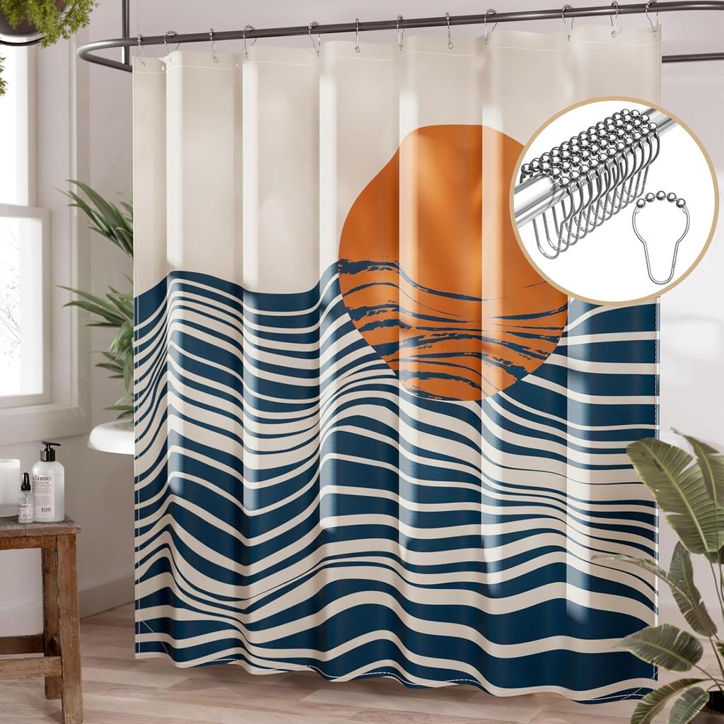 Shower Curtain Blue,Washable Cloth Ombre urtain Hooks, Rustic Waterproof Dark Sea Blue Farmhouse Shower Curtains for Bathroom