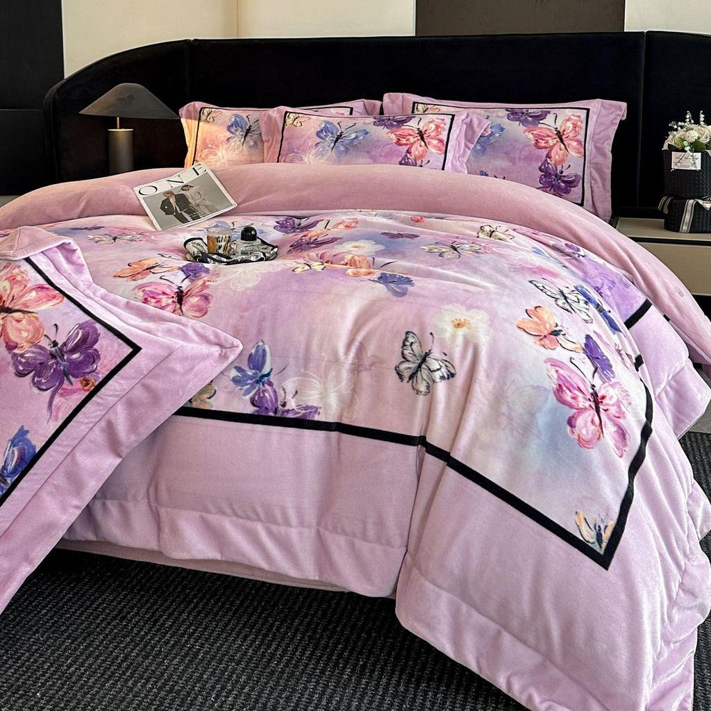 G5Z Französisches Retro Luxus Warmes Koralle Bettwäscheset - 4 Teile (Doppelseitige Bettwäsche & Bettbezug)