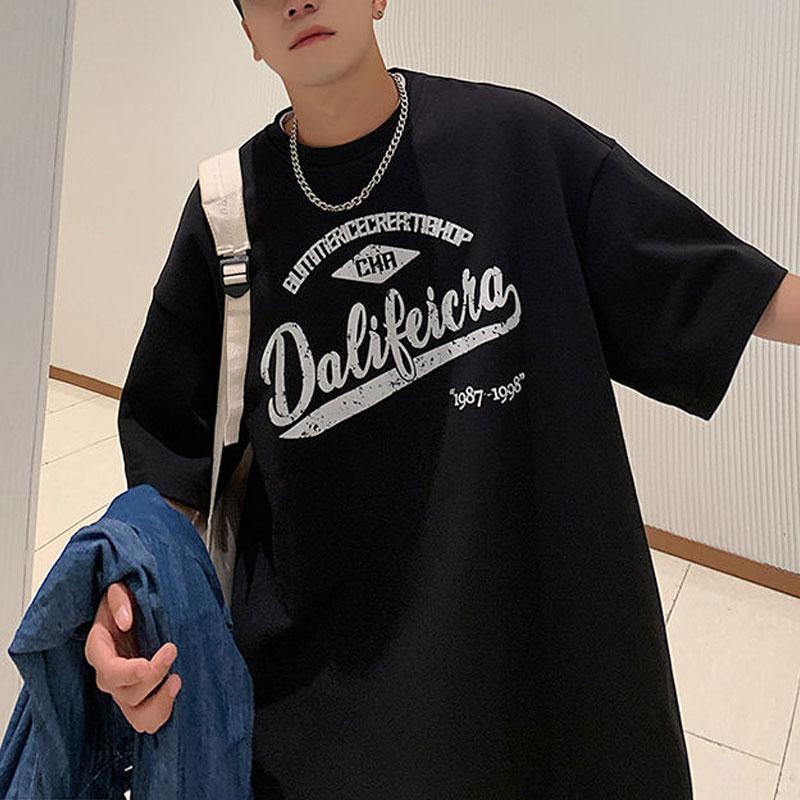 

Youthful Short Sleeve Pullovers Summer American Retro Printed Men s Clothing Casual Letter Basic O-Neck Loose T-shirts XXXL чёрный