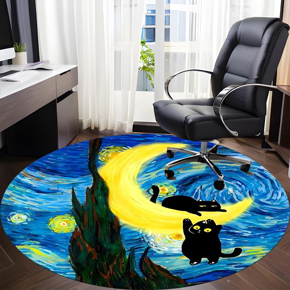 1pc Moon Cats Office Round Area Rug, Under Office Chairs Bedroom Living Room Home Decor, Room Deco, Available In Various Sizes